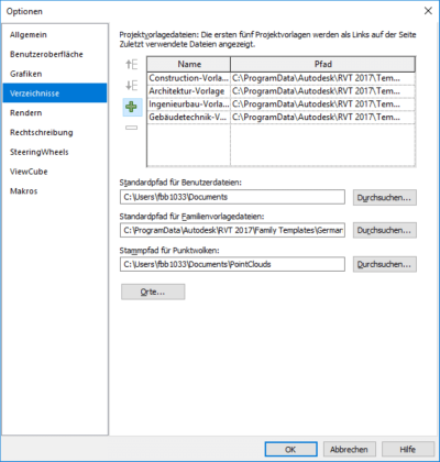 Revit - Optionen - Verzeichnisse