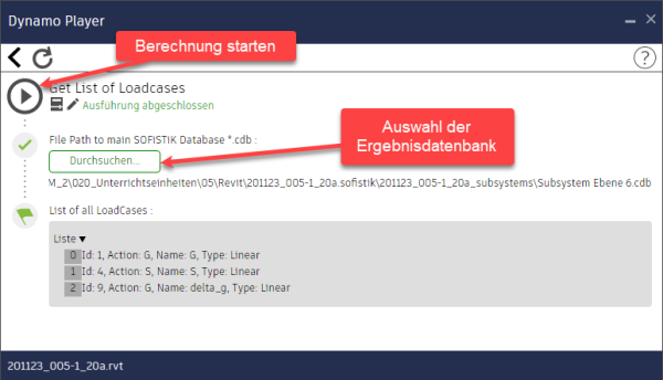 Ergebnisdatenbank auswählen und starten